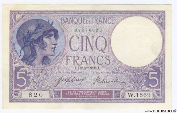 5 Francs Violet 12-4-1918