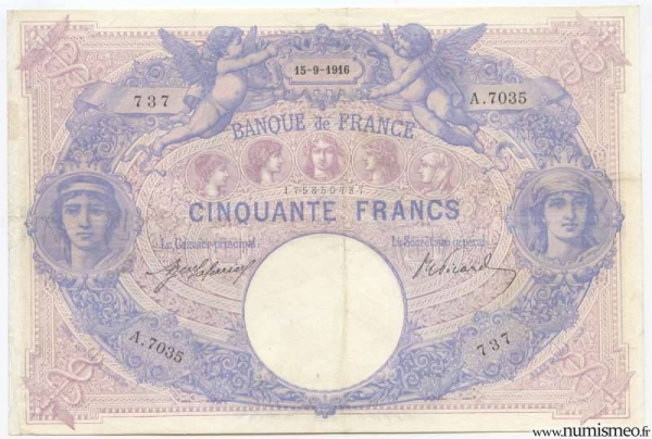 50 Francs Bleu et Rose 15 9 1916