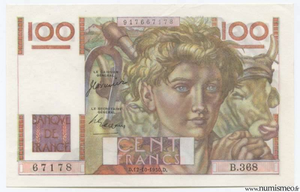 100 Francs Jeune Paysan Type 1945 , 12 10 1950
