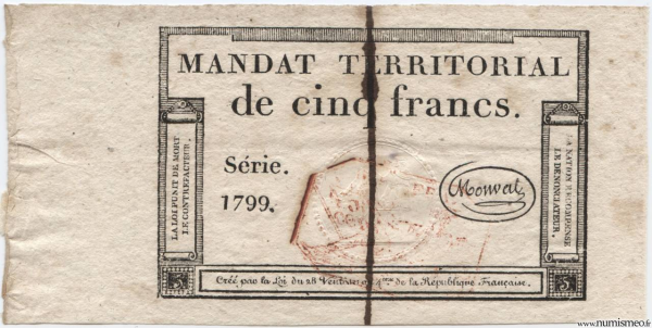 Mandat Territorial 5 Francs 21 Fructidor an VI (07/09/1798)