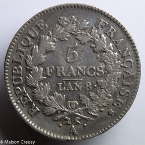 Consulat 5 francs an 8 (year8) Paris