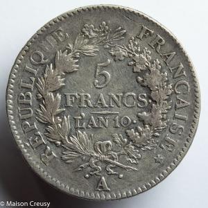 Consulat 5 francs Union et Force An 10 Paris