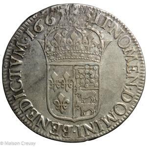 Louis XIV écu du Béarn au buste juvénile 1667 Pau