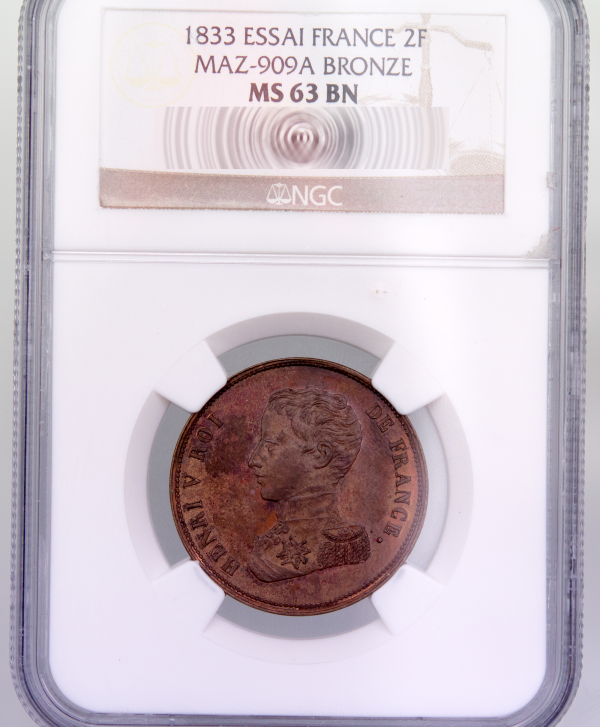 Henri V 2 francs 1833 pattern NGC MS63 BN