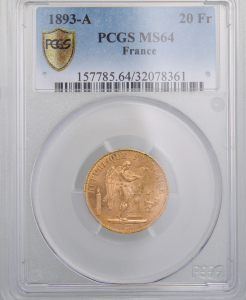 III République 20 Francs 1893 Paris PCGS MS64
