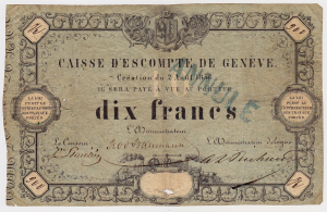 Caisse d'Escompte de Geneve 10 francs 2 aout 1856