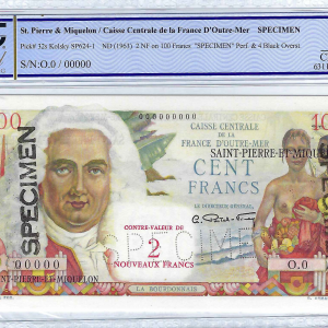 Saint Pierre et Miquelon 2 NF sur 100 francs SPECIMEN PCGS 64