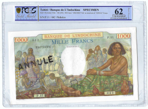 Tahiti banque d'Indochine 1000 francs SPECIMEN ANNULE PCGS 62