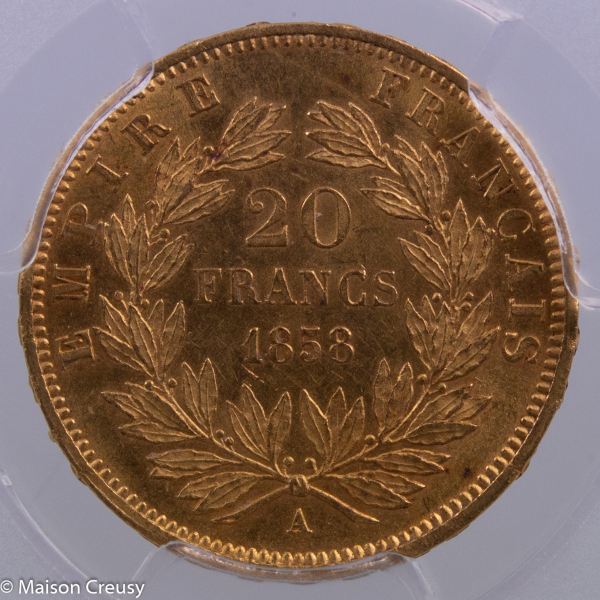 Napoleon III 20 francs 1858 Paris PCGS MS63