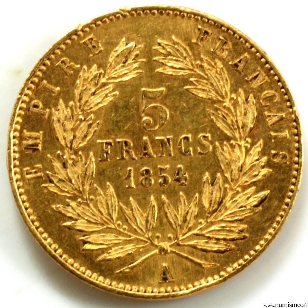 Napoleon III 5 Francs petit module 1854 Paris tranche lisse