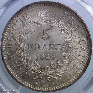 Second Republic 5 francs 1849 Paris PCGS MS66