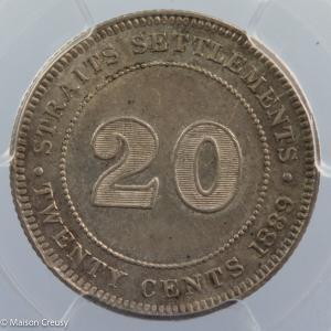 Straits Settlements 20 cents 1889 PCGS AU55
