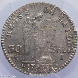 Constitution AR 30 sols 1791 Limoges PCGS MS63