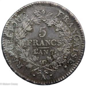 Consulat Union et force 5 francs An 7 Paris