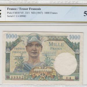 Trésor Français Territoires occupés 1000 francs ND(1947) PCGS Choice AU58 PPQ