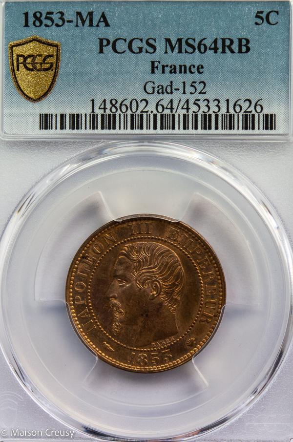 5 centimes 1853 MA MS64