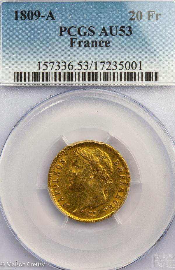 Napoléon I 20 francs 1809 Paris PCGS AU 53