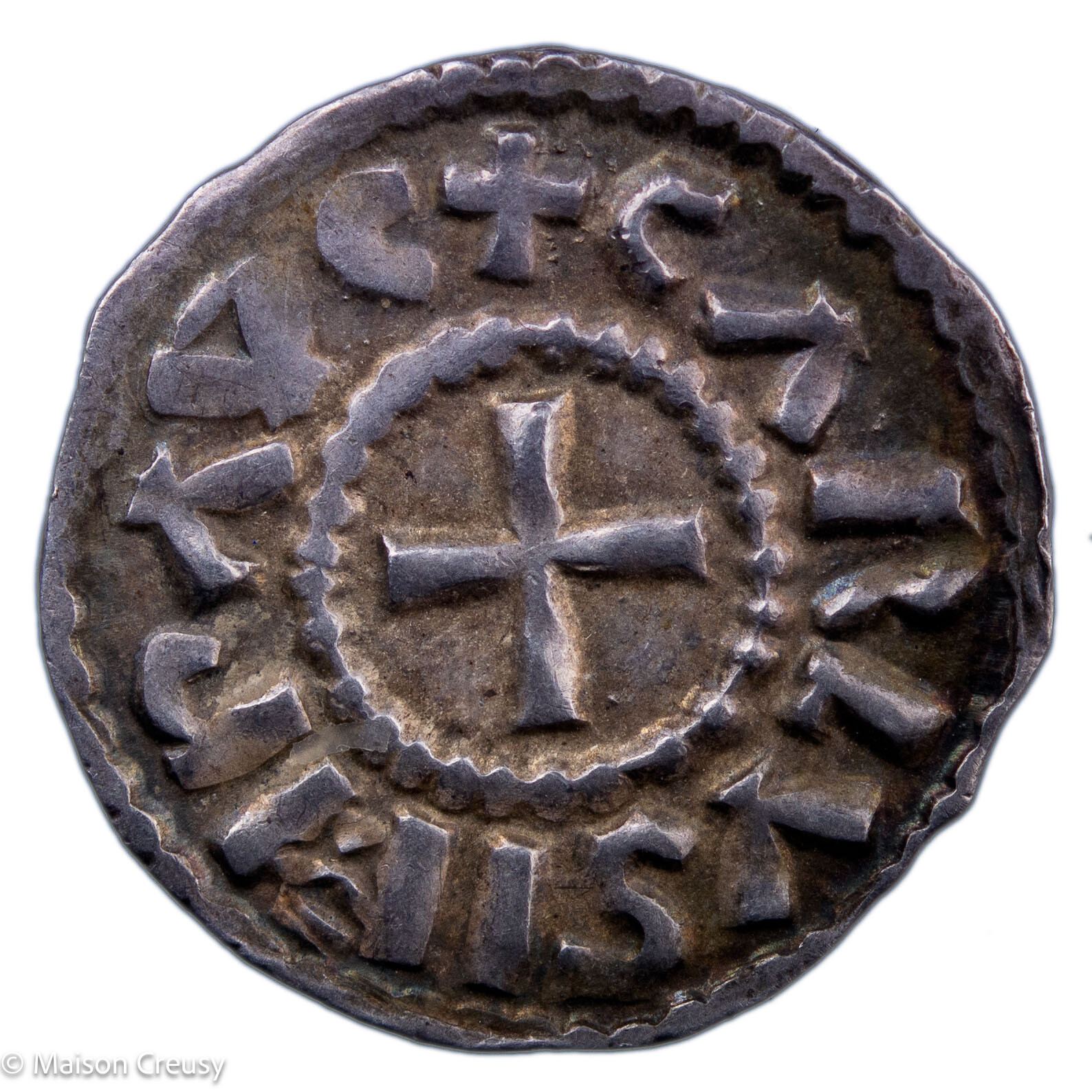 Carolingian AR denarius immobilize type in name of Charles