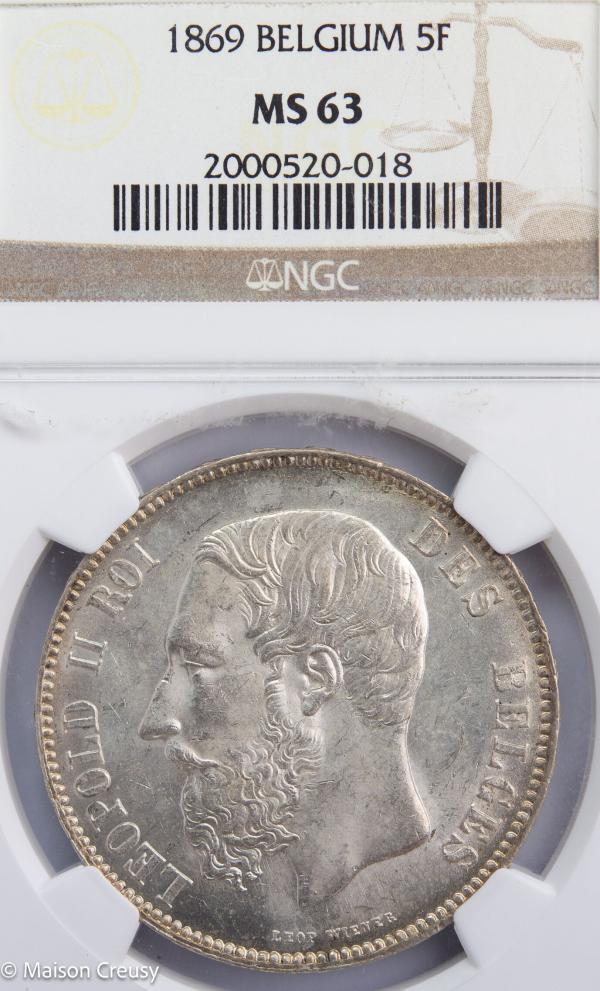 Belgique Léopold II 5 francs 1869 NGC MS63