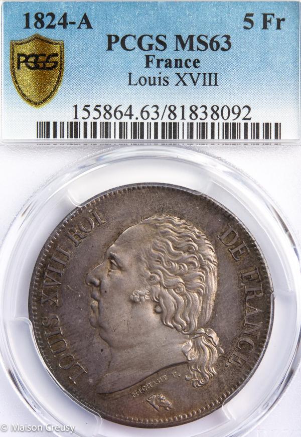 Louis XVIII 5 francs 1824 Paris PCGS MS63