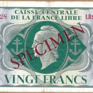 France Libre 20 francs 1944 SPECIMEN