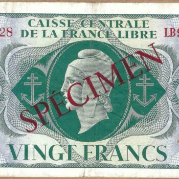 France Libre 20 francs 1944 SPECIMEN