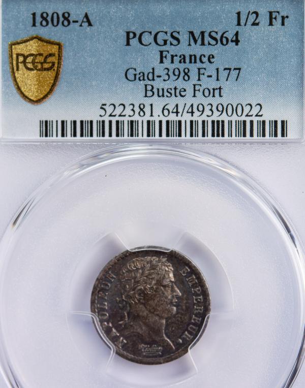 Napoléon I demi franc 1808 A PCGS MS64