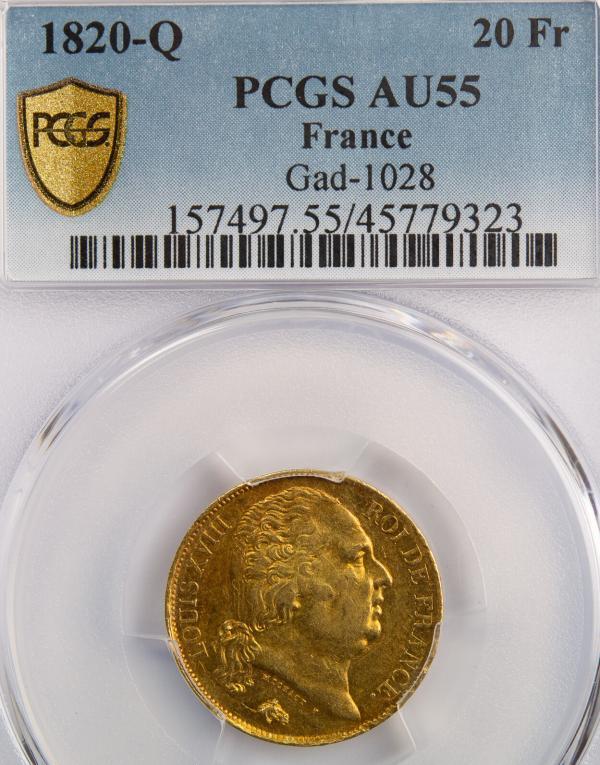Louis XVIII 20 francs 1820 Perpignan PCGS AU55