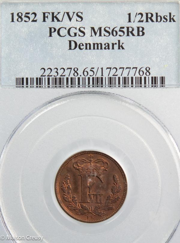 Danemark Frederik VII 1/2 Rigsbankskilling 1852 MS65