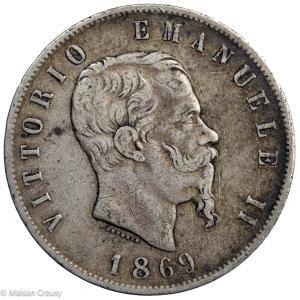Italie Victor Emmanuel II AR 5 lire 1869 Milan