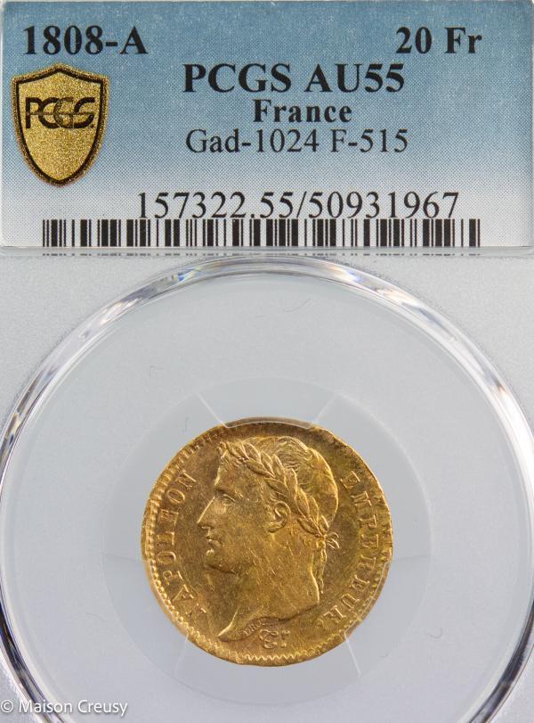 Napoléon I 20 francs 1808 Paris PCGS AU55