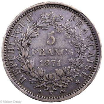 Gouvernement de Defense National 5 francs 1871 Bordeaux