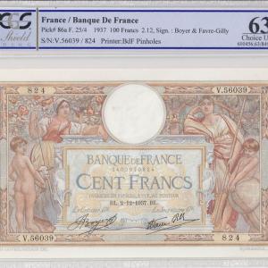 Banque de France 100 francs 2=12=1937 PCGS 63 OPQ