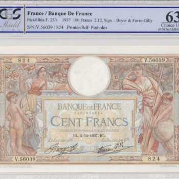 Banque de France 100 francs 2=12=1937 PCGS 63 OPQ