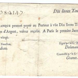 Billet banque royale 10 livres 1720