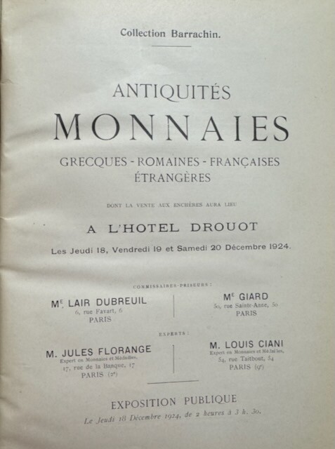Catalogue of the auction sale of the Barrachin Collection