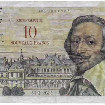 10 NF banknote overprinted on 1000 francs Richelieu 7-3-1957